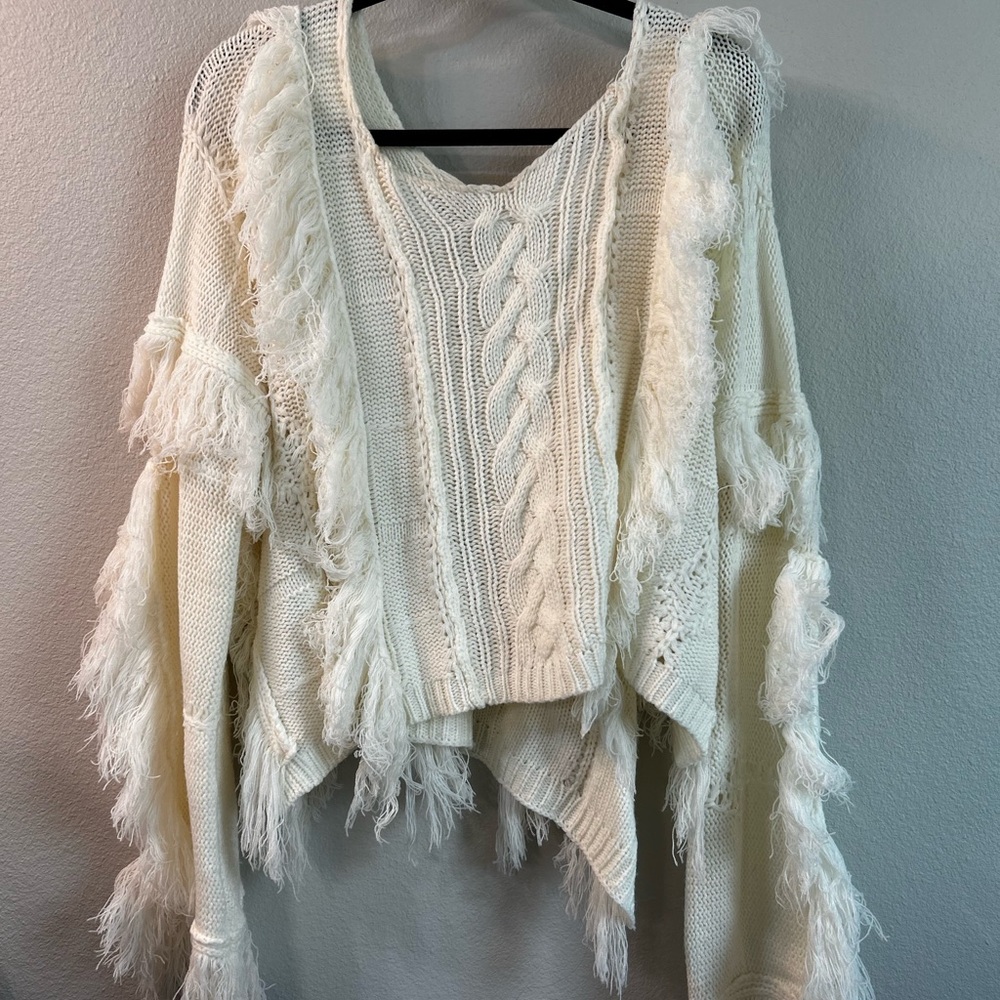 VICI cream fringe sweater; size S/M